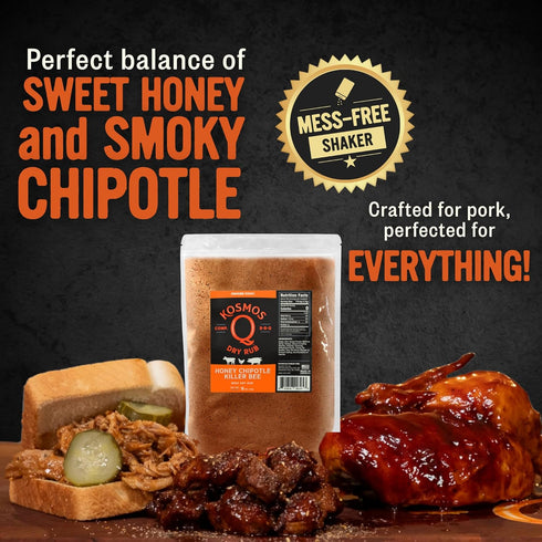 16 Oz Kosmos Q Honey Chipotle Killer Bee BBQ Dry Rub, Sweet and Spicy Seasoning with Sugar, Chipotle, Garlic