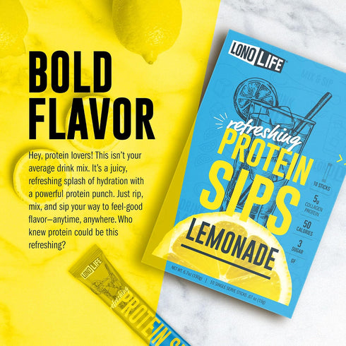 10 Packets, 5g 50 LonoLife Refreshing Protein Sips Lemonade Drink Mix, Single Serve Collagen Protein, Calories