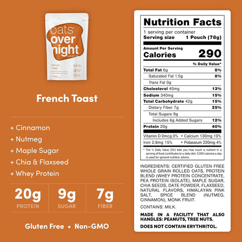 20g (2.7 oz (8 Pack Oats Overnight French Toast - Overnight Oats with Whey Protein, High Fiber Breakfast Protein Shake
