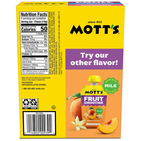 4.2 oz 24 Count (6 Packs 4), Motts Fruit Smoothies Strawberry Banana, Clear Pouches, of Non-dairy, Made With Oatmilk