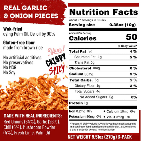 9.51oz (3-PACK) MaeMai Chili Crisp (MEDIUM HOT Spice) - Spicy Umami Onion & Garlic Flakes - All-Purpose Seasoning