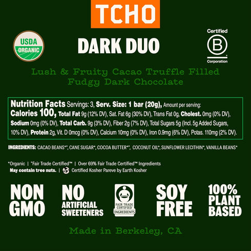 75% (5 pack) (2.1oz TCHO Dark Duo Dark Chocolate Bars | Plant Based, Organic & Fair Trade | Non GMO, Non-Dairy, Vegan