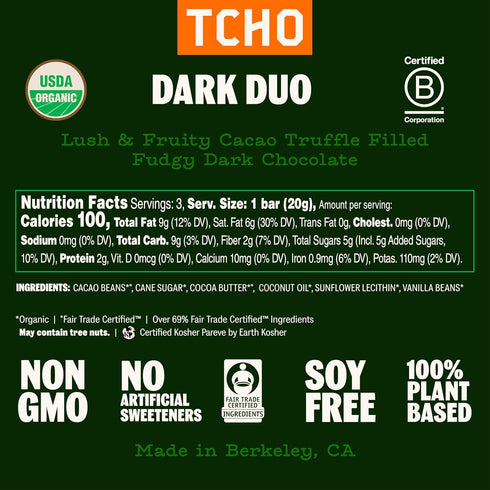 75% (10 pack) (2.1oz TCHO Dark Duo Dark Chocolate Bars | Plant Based, Organic & Fair Trade | Non GMO, Non-Dairy, Vegan