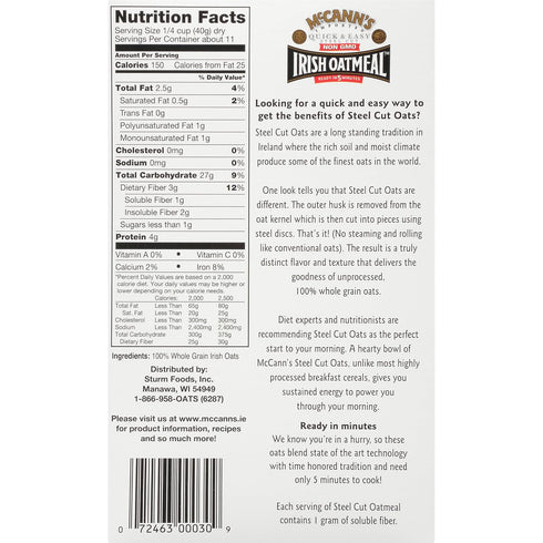 16 (Pack 2) McCann's Irish Oatmeal, Quick & Easy Steel Cut Oats, Ounce
