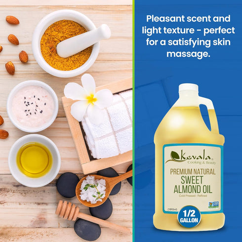 64 oz, 1/2 Kevala Sweet Almond Oil - Cold Pressed Almond Oil for Baking and Mixing with Essential Oils, With Mild Scent