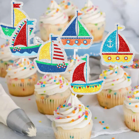 SugarGera Set 18 sailboat of cupcake toppers-with a nautical theme Dessert Decorations for a Boy or Girl's Birthday
