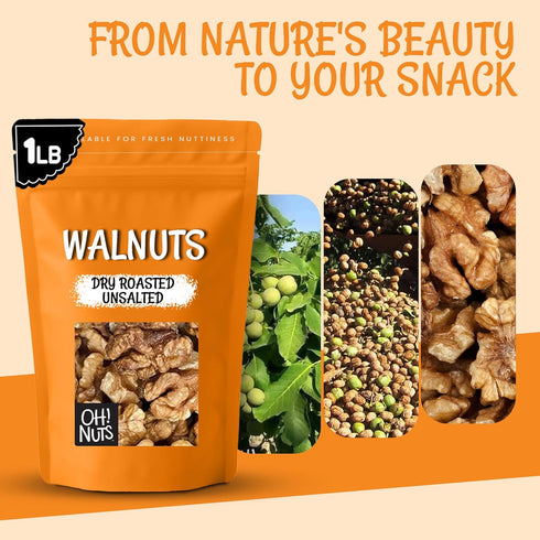 1 lb Oh! Nuts Dry Roasted Unsalted Walnuts - Roasted Walnuts - Bulk Bag - Unsalted - Fresh Healthy Snack for Baking