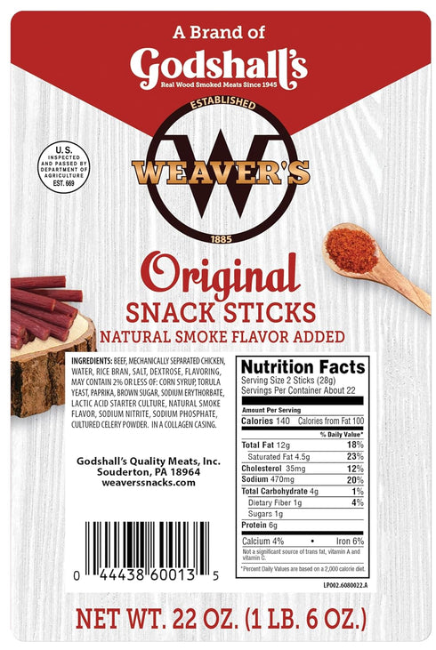 (44 7" 22oz Weavers Original Snack Sticks mild flavored beef and chicken snack sticks per bag)