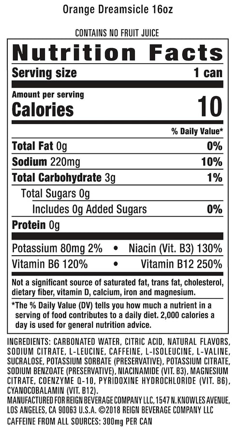 16 Oz (Pack 12) Reign Total Body Fuel, Orange Dreamsicle, Fitness & Performance Drink, Fl