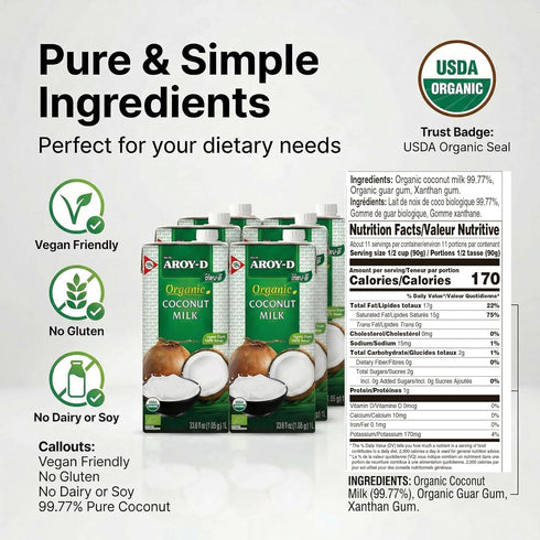 Aroy-D 33.8 Oz (Pack 6) Organic Coconut Milk Fl