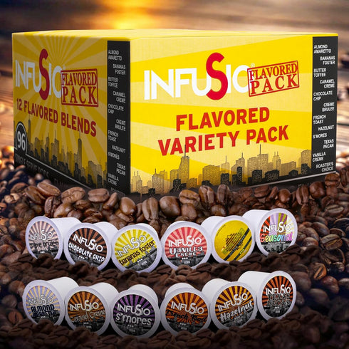 Pack 96 Count, 12 2.0 InfuSio Flavored Coffee Pods Variety Gourmet Medium Roast Dessert-Inspired Blends like Bananas