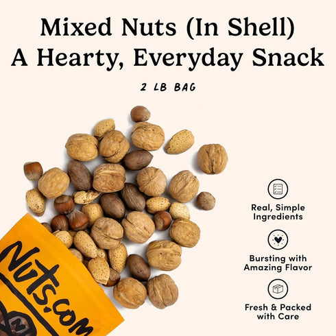 2 Lb Omega-3 Nuts.com Mixed Nuts in Shell Bag, Healthy Snack Sampler, Includes Premium Walnuts, Almonds, Hazelnuts