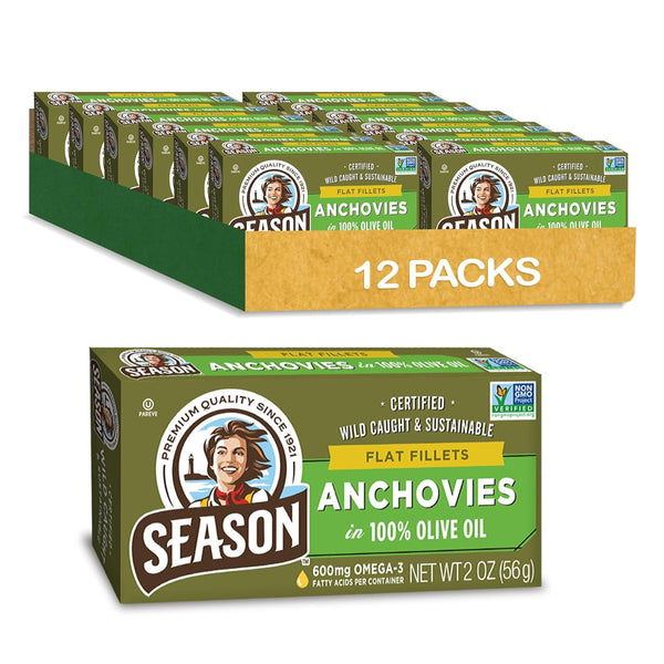 Season Anchovies in Olive Oil - Flat Anchovy Fillets, Wild Caught Fish,