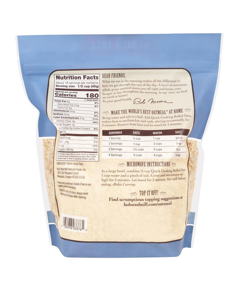 28oz (Pack 4) Bob's Red Mill Gluten Free Quick Cooking Rolled Oats, of - Non GMO, Whole Grain, Vegan, Kosher