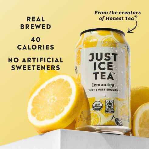 12-Pack (12oz Just Ice Tea, Lemon Flavored Black Iced Tea, Cans), USDA Certified Organic, Real Brewed, Low Calorie, No