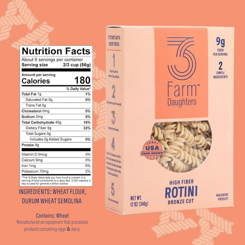 3 Pack, Elbow, 12 oz. (4 Pack) Farm Daughters High Fiber Pasta Variety Includes Penne, Rotini & Cavatappi, Low GI, Non