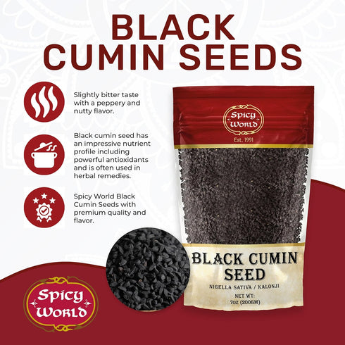 Spicy World Black Cumin Seeds, 7oz Nigella Sativa in Resealable Bag for Health and Black Seed Oil