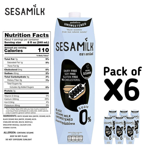 33.8 Oz (Pack 6) 0% Sesamilk: Sesame Milk (Unsweetened Black Sesame Milk), Fl of Vegan Dairy FreeSoy and Nut Free