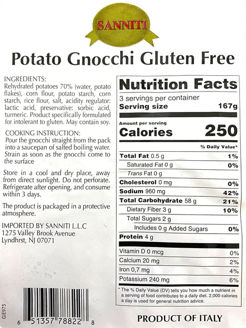 17.5 oz (500 (Pack 4) Sanniti Italian Gluten Free Potato Gnocchi, g)