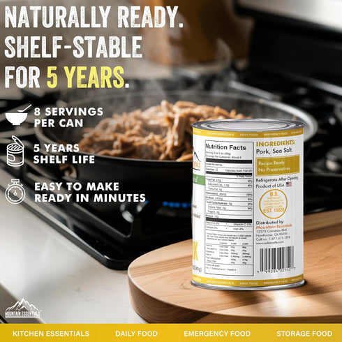 14.5 oz 5-Year Pack 1 MOUNTAIN ESSENTIALS Canned Pork Fully Cooked, Ready to Eat Pantry Staple Meat for Everyday Meals