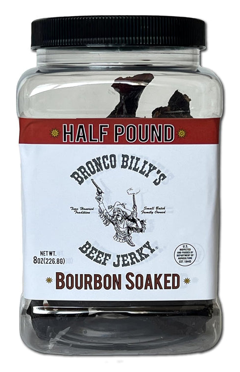 8oz Bronco Billy's Beef Jerky Bourbon Soaked Half Pound Jar - - New Jar Design
