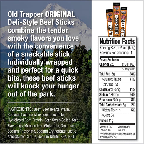1.75-Ounce Packages, 11 (Pack 26) OId Trapper Original Deli-Style Beef Sticks, Individually Wrapped Grams of Protein