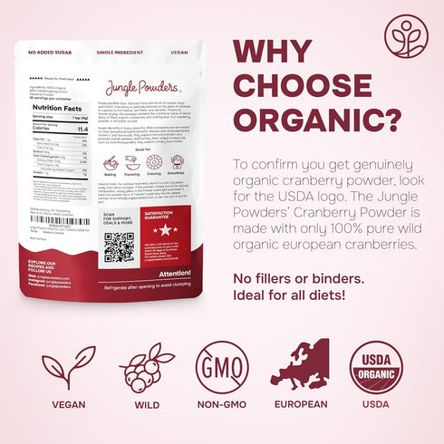 5 Jungle Powders Wild Cranberry Powder Organic Ounces, USDA Certified Freeze Dried Organic Cranberries Powder