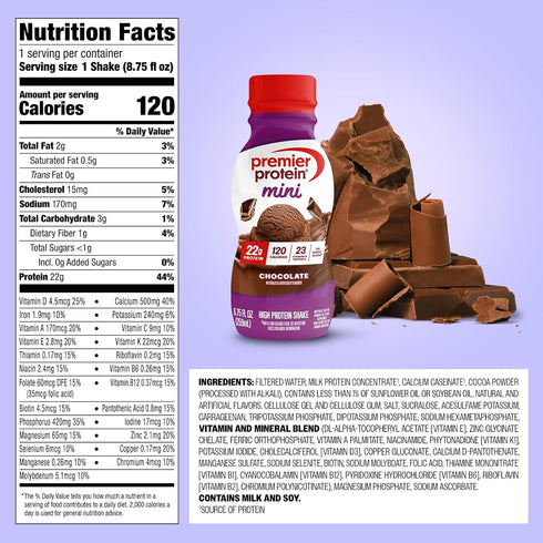 22g 120 8.75 oz, 12 Pack Premier Protein Shake MINIs, Chocolate, Protein, Calories, No Added Sugar, fl