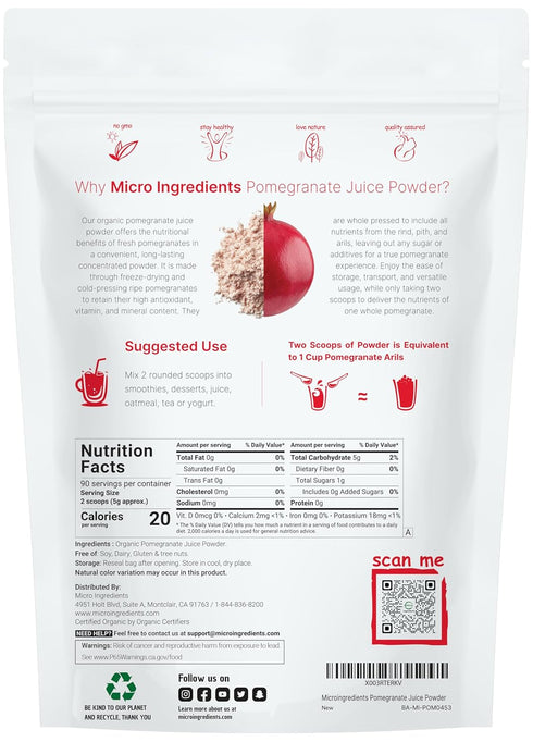 1 100% Organic Pomegranate Juice Powder, Pound | Natural Fruit Powder | Freeze Dried & Cold Pressed | No Sugar