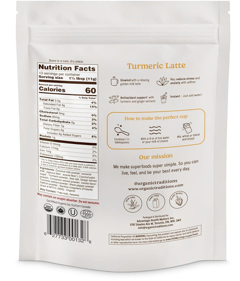 150g 5.3oz Organic Traditions Turmeric Powder Latte, Golden Milk Powder with Coconut Milk, Turmeric Extract, Saffron