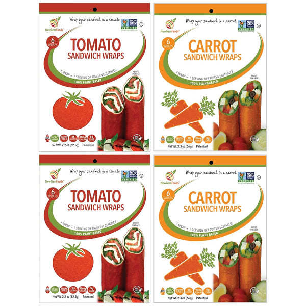 Carrot & Tomato Sandwich Wraps (Four-Pack) Plant-Based, Vegan, Gluten-Free, Low-Carb Wrap Variety