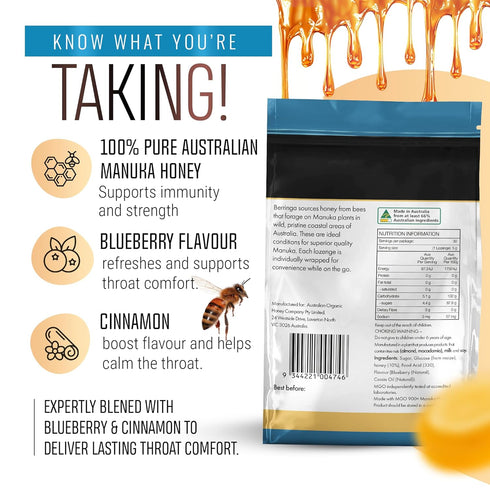Berringa Lozenges, 900+, 5.3 oz, 30 count Australian Manuka Honey Blueberry Cinnamon, MGO