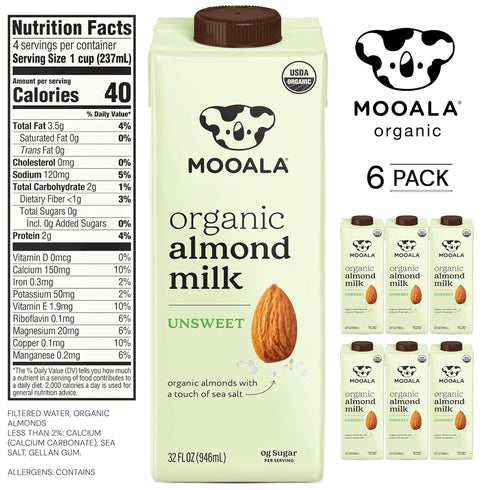 32 oz (Pack 6) Mooala Organic Almond Milk Unsweetened fl of Shelf-Stable, Lactose Free, Gluten-Free, Vegan, No Added