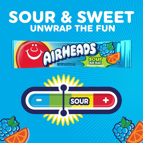 Pack 36 Airheads SOUR Candy Bars, Sour Blue Blast Flavored, Bulk, Concessions, Parties, of Bars