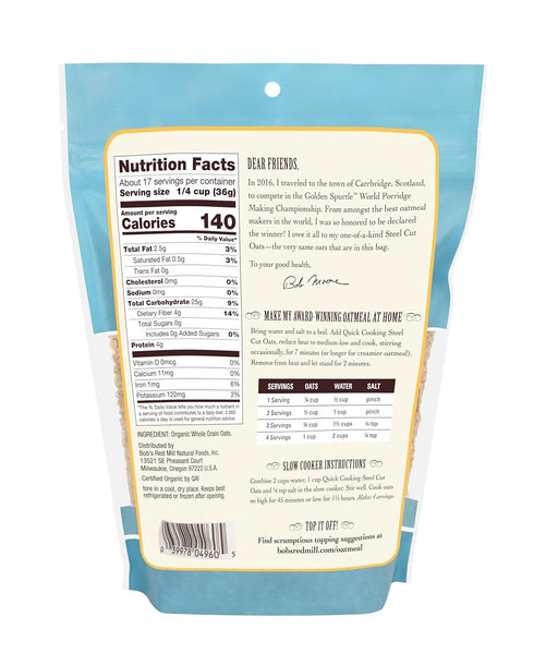 22oz (Pack 4) Bob's Red Mill Organic Quick Cooking Steel Cut Oats, of - Non GMO, Whole Grain, Vegan, Kosher