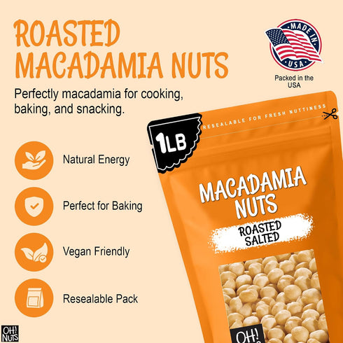 1 lb Oh! Nuts Roasted Salted Macadamia - - Macadamia Nuts Salted - Premium Roasted Macadamia