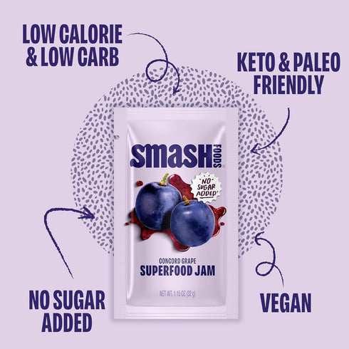 Packets 10 Smash Foods Grape Jam Squeeze | Single Serve | Natural, Keto & No Sugar Added | Vegan & Upcycled Fruit