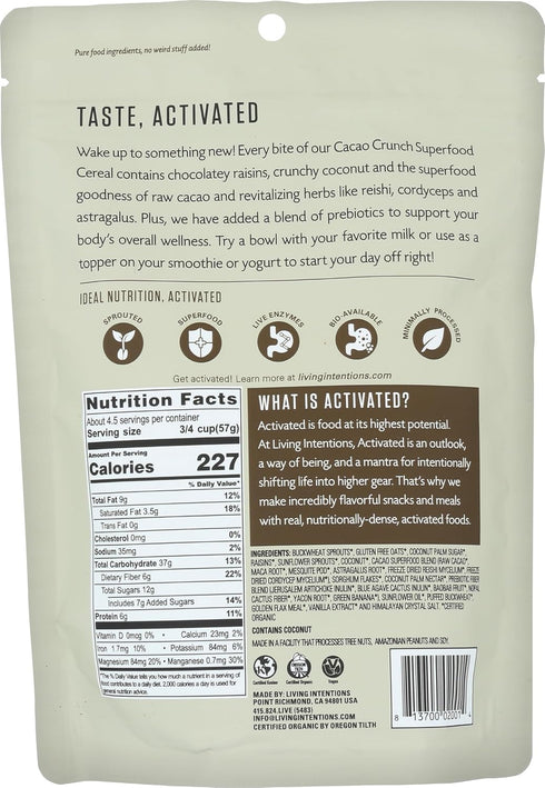 Living Intentions 9 (1 Pack) Organic Superfood Cereal Cacao Crunch NonGMO Gluten Free Vegan Kosher Ounce Unit