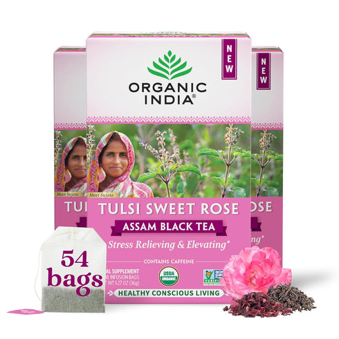 Organic India Tulsi Sweet Rose Assam Black Tea - Stress Relieving &