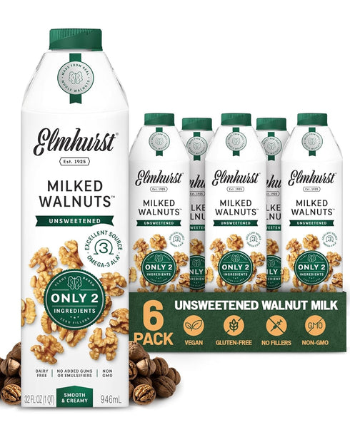 Elmhurst 1925 Unsweetened Walnut Milk - 32 Ounce (Pack of 6) Dairy-Free,