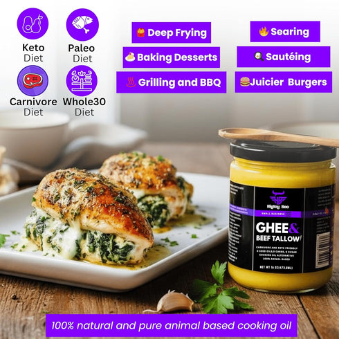 Higley Boo 100% 16oz Premium Ghee & Beef Tallow for Cooking Animal-Based Cooking Oil | Keto, Carnivore & Paleo Friendly