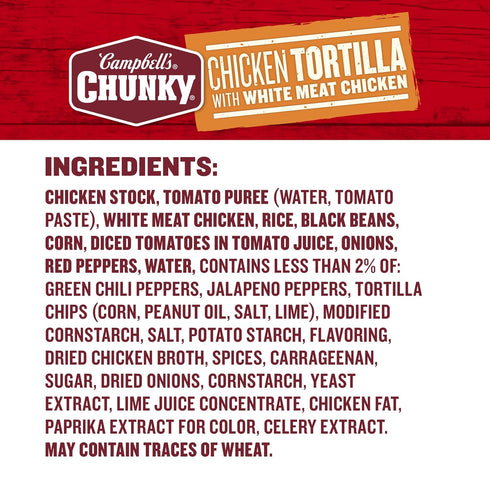 16.1 oz Campbells Chunky Soup, Chicken Tortilla With White Meat Chicken, Can