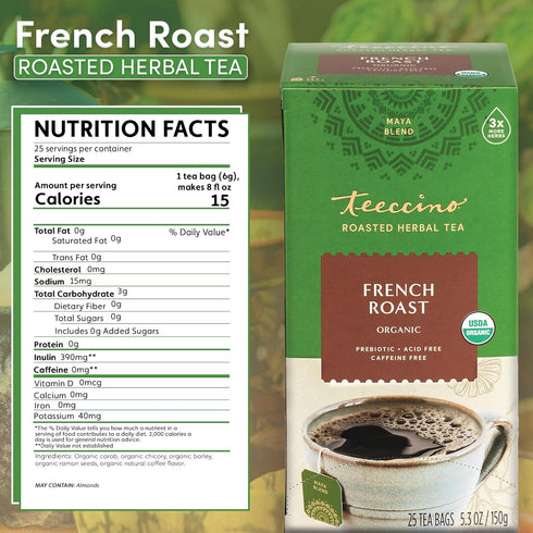 Teeccino French Roast Herbal Tea, 25 Tea Bags, Rich & Roasted, Caffeine Free & Prebiotic