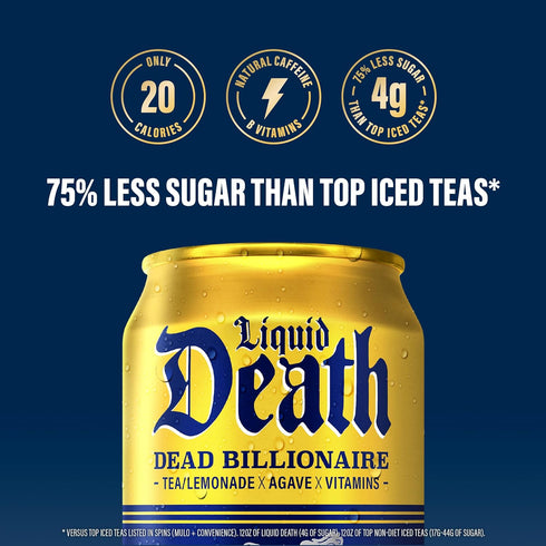 12 Oz (Pack 12) Liquid Death Iced Tea - Dead Billionaire (Black Tea/Lemonade), Less Sugar*, Boost of Caffeine, B