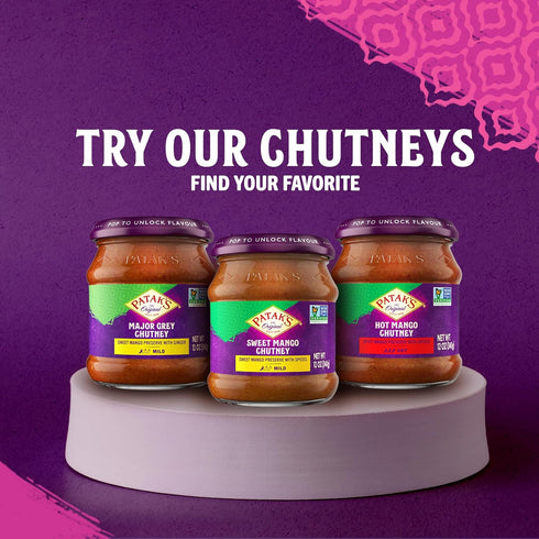 Pack 3 12 oz Pataks Sweet Mango Chutney - of - Mild & Fruity Mango Chutney with Garlic, Ginger & Paprika - Vegan