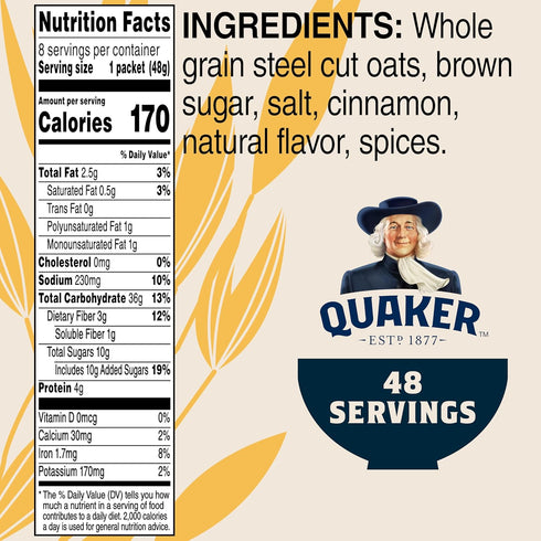 3-minute 13.5 oz, 8 Count (Pack 6) 48 count Quaker Steel Cut Quick Oatmeal, Quick Steel Cut, Brown Sugar and Cinnamon
