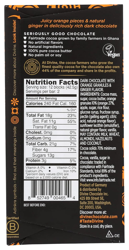 3 Oz Divine Chocolate Chocolate bar Dark Ginger Orange