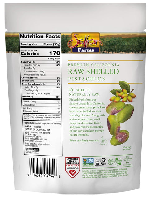 Setton 20 oz 20 Oz Farms Naturally Raw Shelled Pistachios Value Bag, No Shell Pistachios, Non-GMO Project Verified