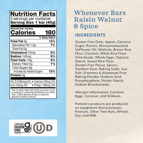 30 Count 42.3 Oz (Pack 6) Pamela's Products Gluten Free Whenever Bars, Raisin Walnut Spice,