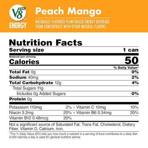 V8 8 oz (Pack 6) +Energy Peach Mango Juice Energy Drink, fl Can